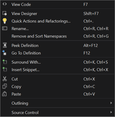 Visual Studio 2019 中 XAML 代码编辑器右键单击上下文菜单的屏幕截图。