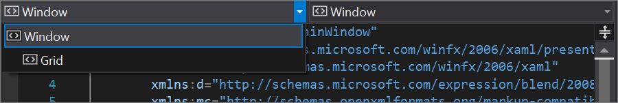 Visual Studio 中的“元素：窗口”下拉列表