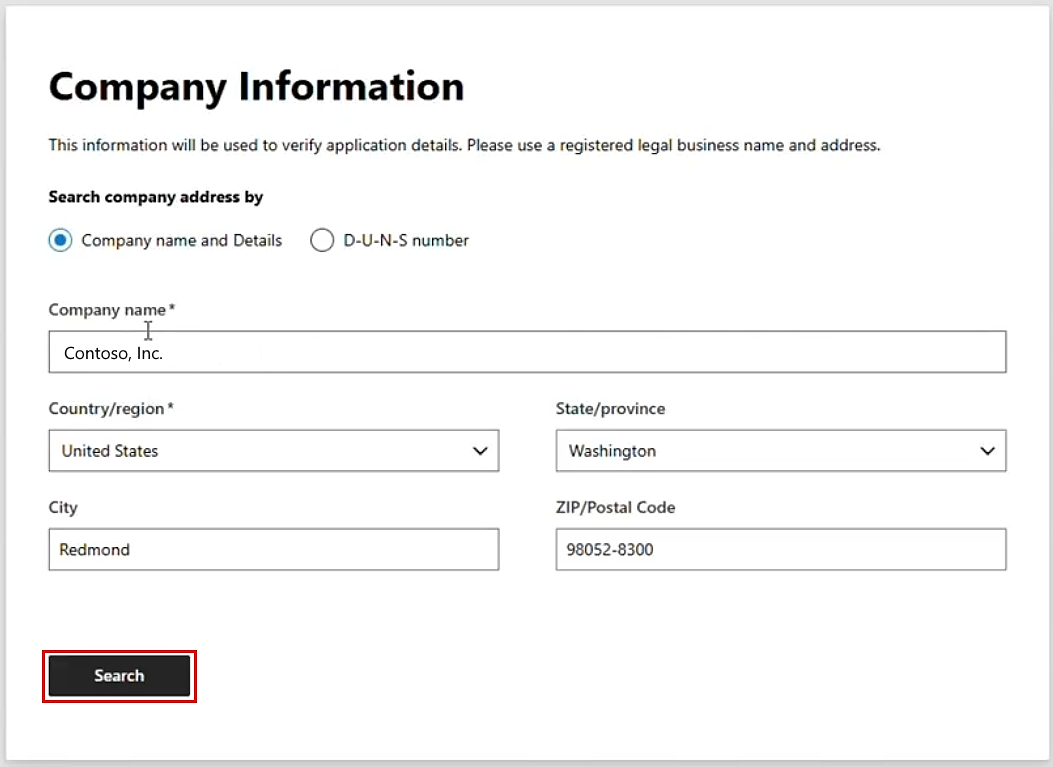 Microsoft合作伙伴中心公司信息页的屏幕截图。