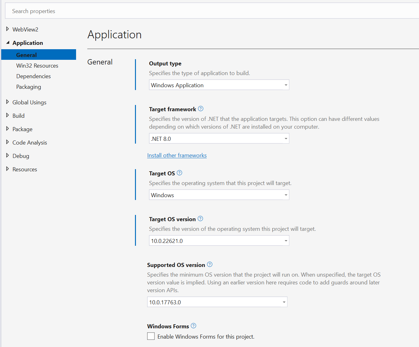 Visual Studio 项目属性窗格的屏幕截图