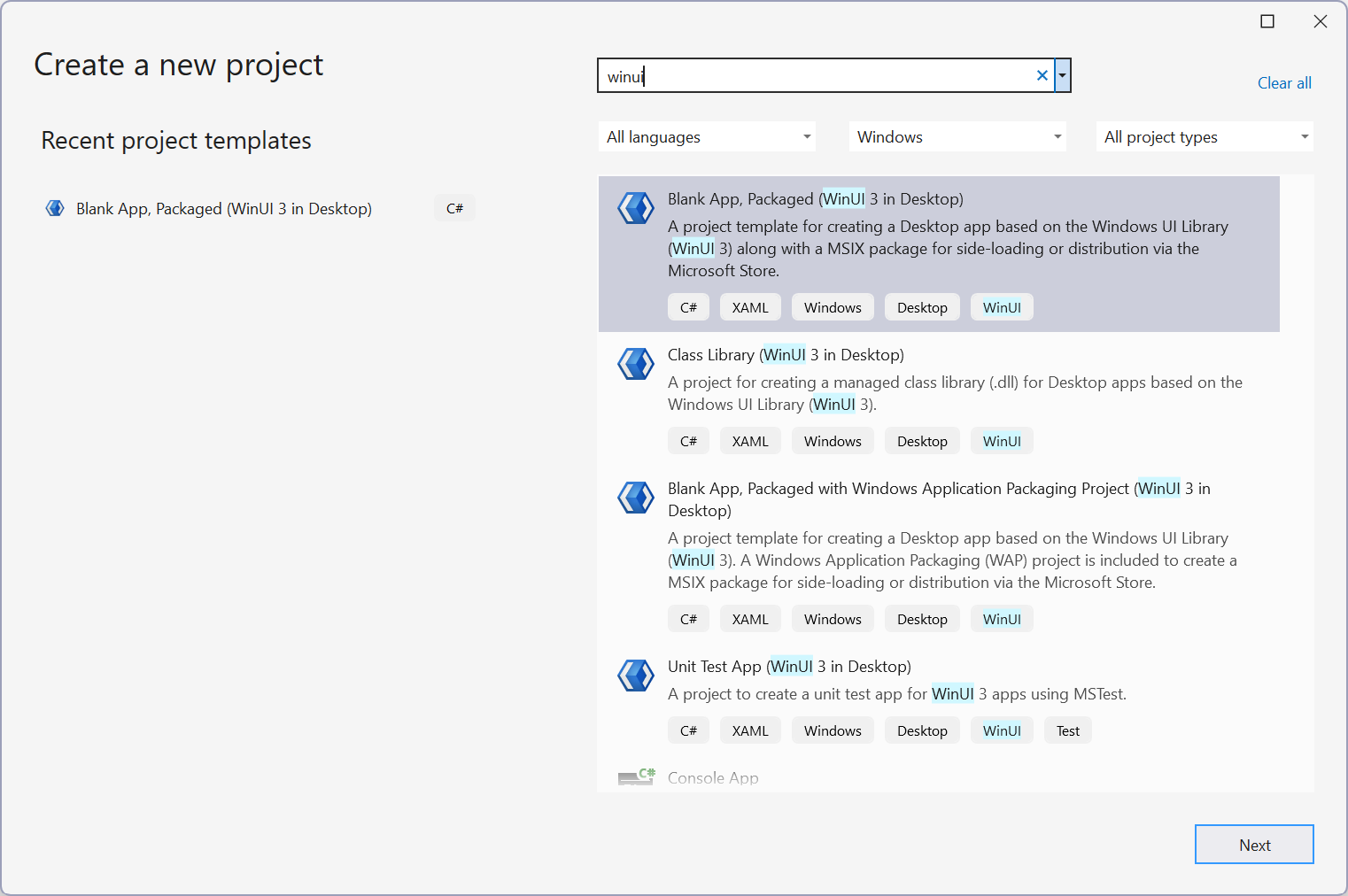 Visual Studio 新建项目 UI 的屏幕截图，其中选择了 WinUI 模板。