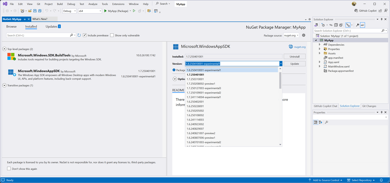 Visual Studio nuget 包管理器的屏幕截图，其中选择了 Microsoft.WindowsAppSDK 1.8.250410001-experimental1。