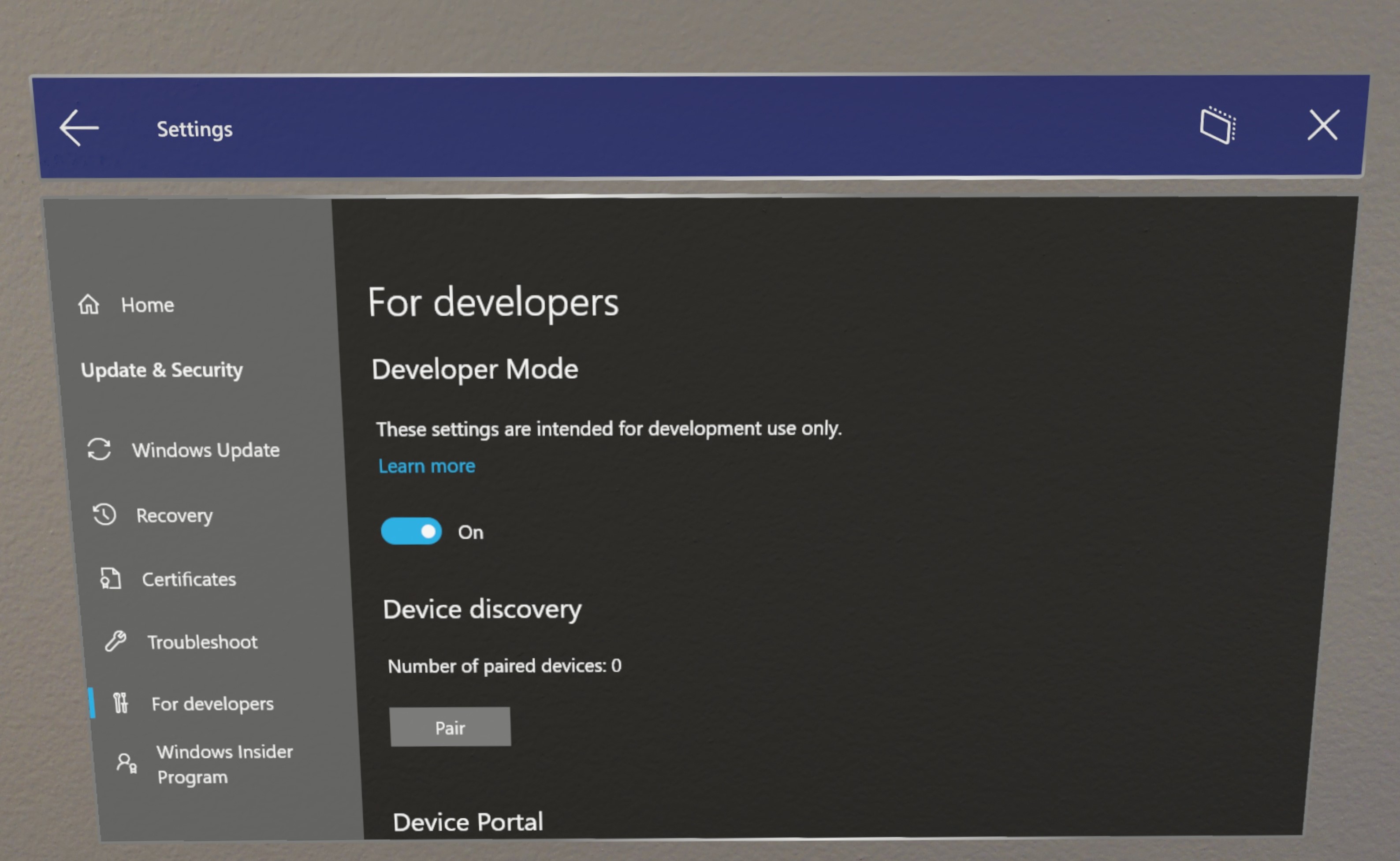 在 Windows Holographic 的“设置”应用中启用开发人员模式