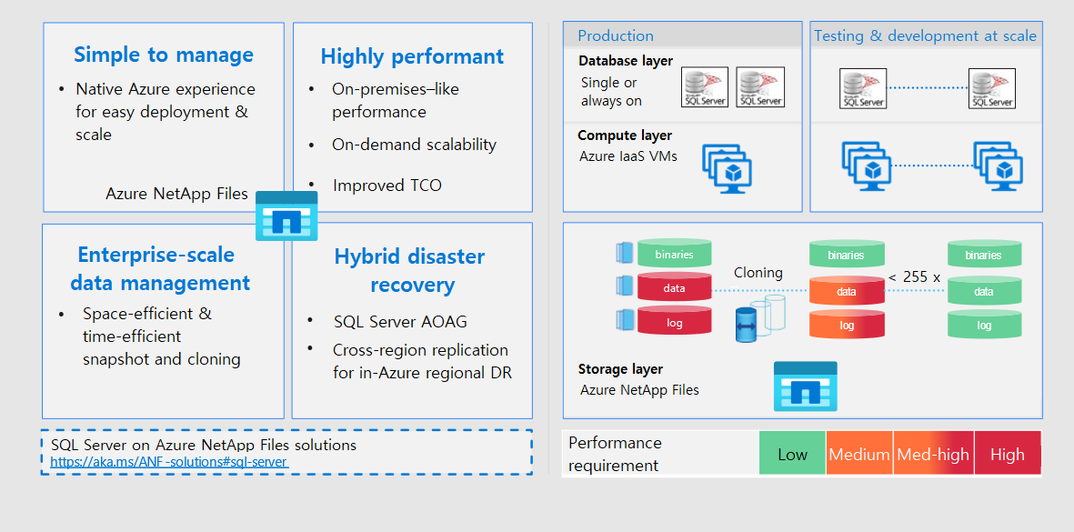 体系结构关系图，其中列出了 Azure NetApp 文件的功能和优势。此图还显示了使用此服务的系统的不同层。
